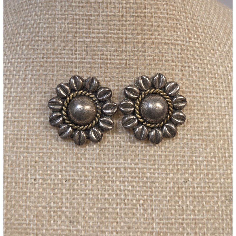 Vintage Sterling Silver Mixed Metal Laton Mexico 925 Sunflower Earrings‎ Signed